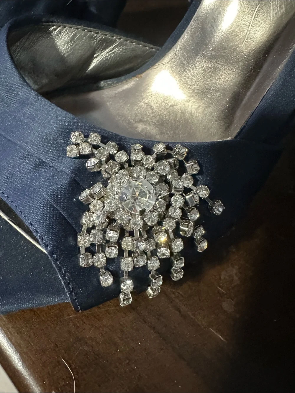 GUESS Navy Satin Crystal Brooch Peep-Toe Stilettos